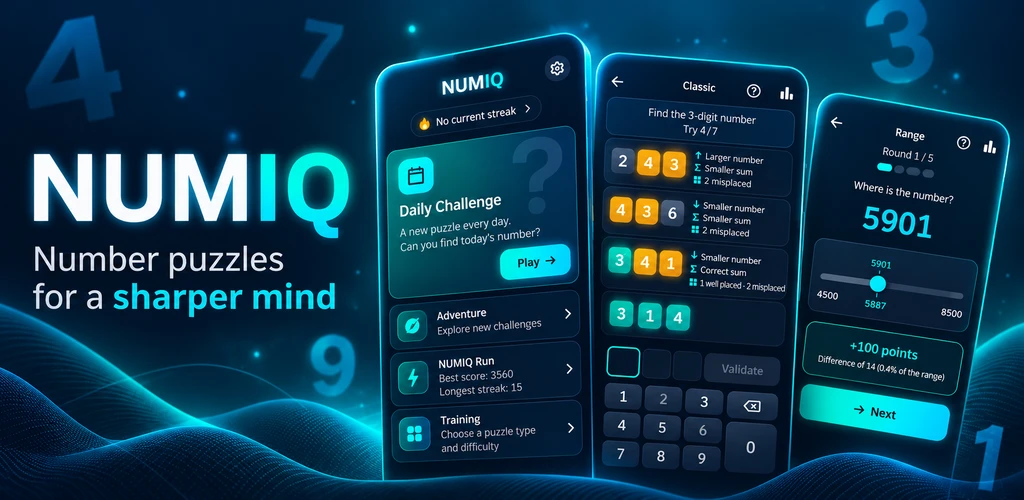 NUMIQ — Number puzzles for a sharper mind, with game screens.