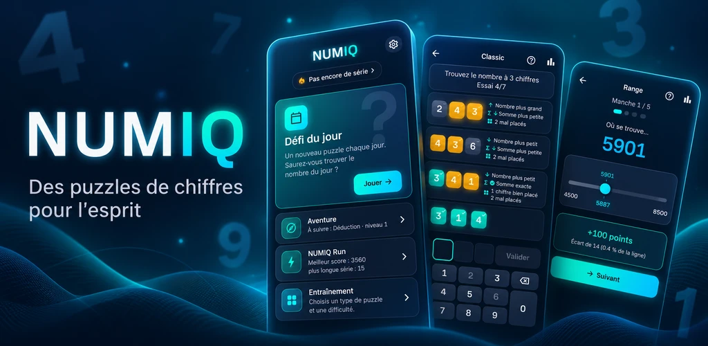 NUMIQ — Des puzzles de chiffres pour l’esprit, avec les écrans du jeu.