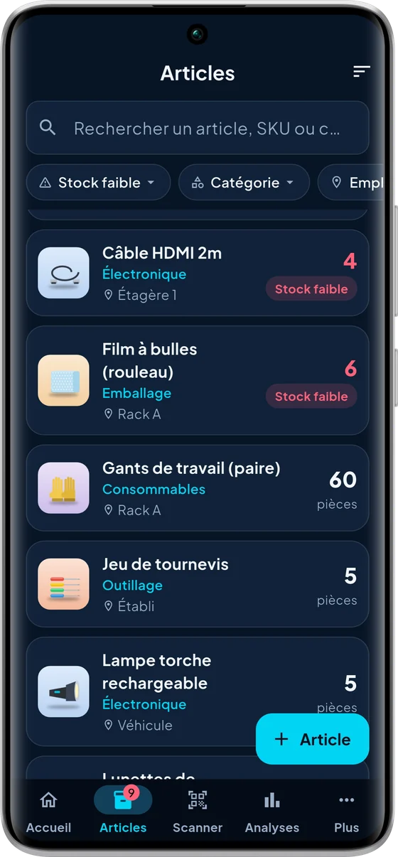 Liste des articles avec photos, quantités et alertes de stock faible